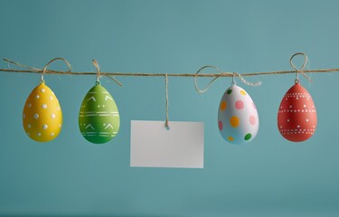 some colorful easter eggs hanging on some line and a blank card on the wire