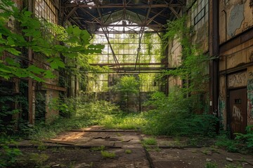 A rundown building showcases its worn-out facade, adorned with an abundance of vibrant green plants, An overgrown, abandoned factory that nature has begun to reclaim, AI Generated