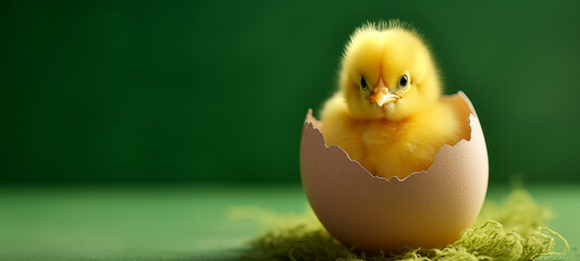  A newborn chick peers out from a cracked eggshell against a lush green backdrop, embodying the spirit of spring