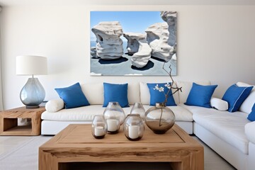 This photo captures a fully furnished living room with a prominent painting displayed on the wall.
