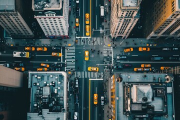 An overhead perspective of a bustling city street with multiple yellow taxis in motion, An overhead view of an electric taxi in a busy city, AI Generated - obrazy, fototapety, plakaty