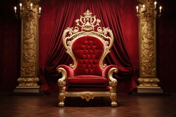 Throne Room with Gold royal chair, Luxury royal throne with red velvet curtain. 3d render, Ai generated