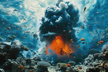 An underwater photo showcasing a view of a volcano amidst a vibrant coral reef ecosystem, An undersea volcanic eruption surrounded by a wide variety of curious fish, AI Generated