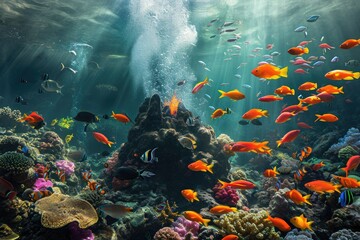 Fototapeta na wymiar A vibrant scene showcasing a multitude of fish swimming in unison over a stunning coral reef, An undersea volcanic eruption surrounded by a wide variety of curious fish, AI Generated