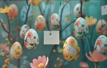 multiple painted easter eggs hanging from hangers with a note