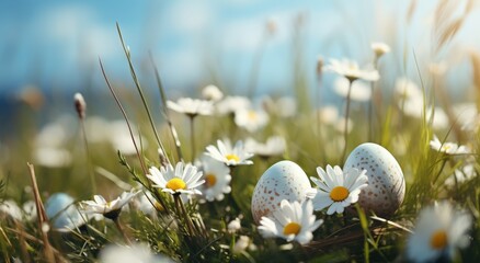 Easter eggs nestled among daisies in the lush green grass.