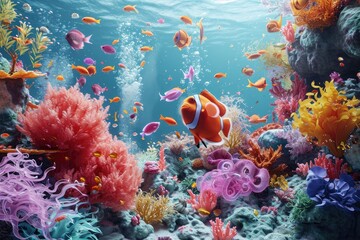 A vibrant underwater scene featuring a clown fish swimming among colorful corals, An underwater playground full of vibrant sea creatures, AI Generated