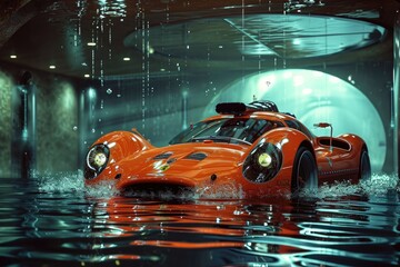 A red sports car drives through a tunnel flooded with water, An underwater sports car with...