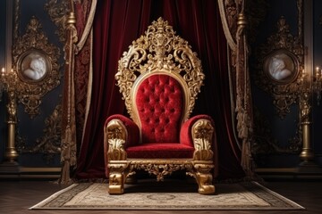 Throne Room with Gold royal chair, Classic interior with red armchair and golden curtains. 3d render, Ai generated