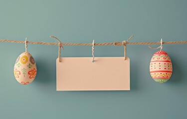 some colorful easter eggs hanging on some line and a blank card on the wire