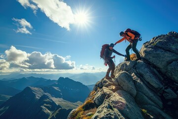Two individuals fearlessly ascend the rugged terrain of a towering mountain, An uplifting moment on a challenging mountain climb with one hiker helping the other, AI Generated