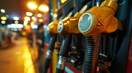 Gas stations with close-ups of gasoline and diesel fuel pistols; a cost of fuel is lifting and space, Generative AI.