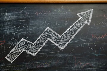 A chalkboard featuring a detailed hand-drawn graph depicting numerical data, An upward arrow drawn on a chalkboard to represent the rise in prices, AI Generated