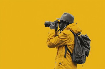 a man holding a hat by himself holding a camera away from him