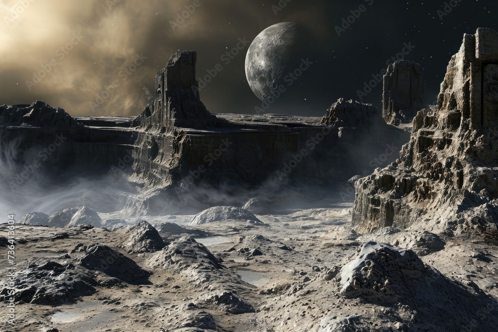 Poster a futuristic landscape featuring an otherworldly terrain with a spaceship visible in the far distanc
