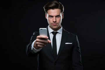 A well-dressed man in a suit confidently holds a cell phone in his hand.