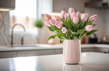 pretty pink tulips in a vase in middle of a kitchen