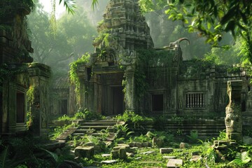 The remnants of a once majestic Mayan temple, now taken over by nature, stand tall in the dense jungle, Ancient ruins overtaken by a jungle, AI Generated - obrazy, fototapety, plakaty