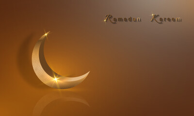 Naklejka premium Ramadan Kareem banner, 3D gold crescent moon, holiday greeting traditional islamic. Arabic design for product showcase, presentation, cosmetic, base, ramadan sales, copy space on beige background