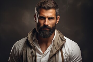 Fototapeta premium A man with a beard wearing a white shirt is captured in this photograph.