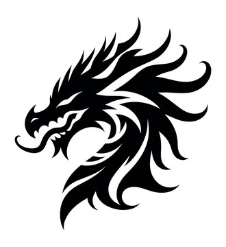 Traditional Chinese Dragon head vector illustration logo and tattoo template silhouette outline graphic isolated on white background.