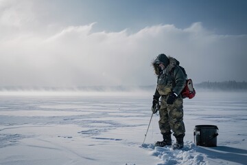 Fototapeta na wymiar A man stands on top of a snow covered field, surrounded by a winter landscape, Angler in heavy gear ice fishing in a snow-covered landscape, AI Generated