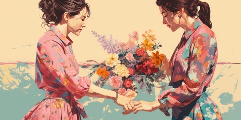 Women with flowers. Sisterhood and females friendship. Happy Women's day. March 8