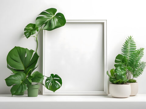 Fresh minimalist illustration, white background design with green plants and blank photo frame design template design.