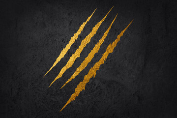 Gold scratch symbol of a big predator on a black abstract background.