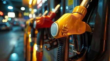 Gas stations with close-ups of gasoline and diesel fuel pistols; a cost of fuel is lifting and space, Generative AI. - obrazy, fototapety, plakaty