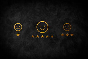 Customer satisfaction concept. Rating with five stars gold symbol and Smiley Face for her...