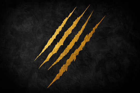 Gold scratch symbol of a big predator on a black abstract background.