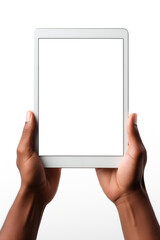 Hands Holding Tablet with Transparent Screen on White Background