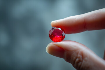 Hand holding red ruby gemstone natural jewelry, crystal mineral