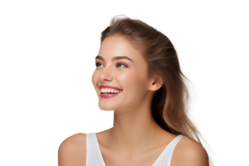 Studio portrait of a beautiful young woman with an attractive smile, isolated on transparent png background.