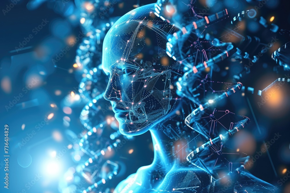 Poster a close-up shot of a womans head positioned against a futuristic interface as she interacts with the