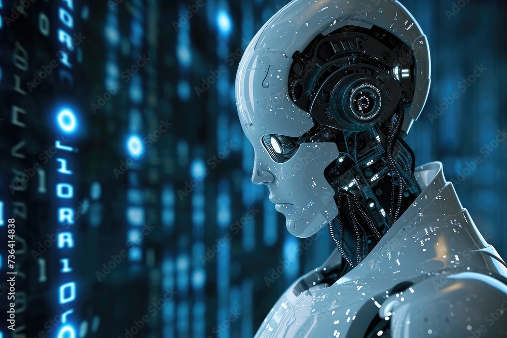 Poster a robot stands in front of a massive wall filled with data, displaying complex information, artifici