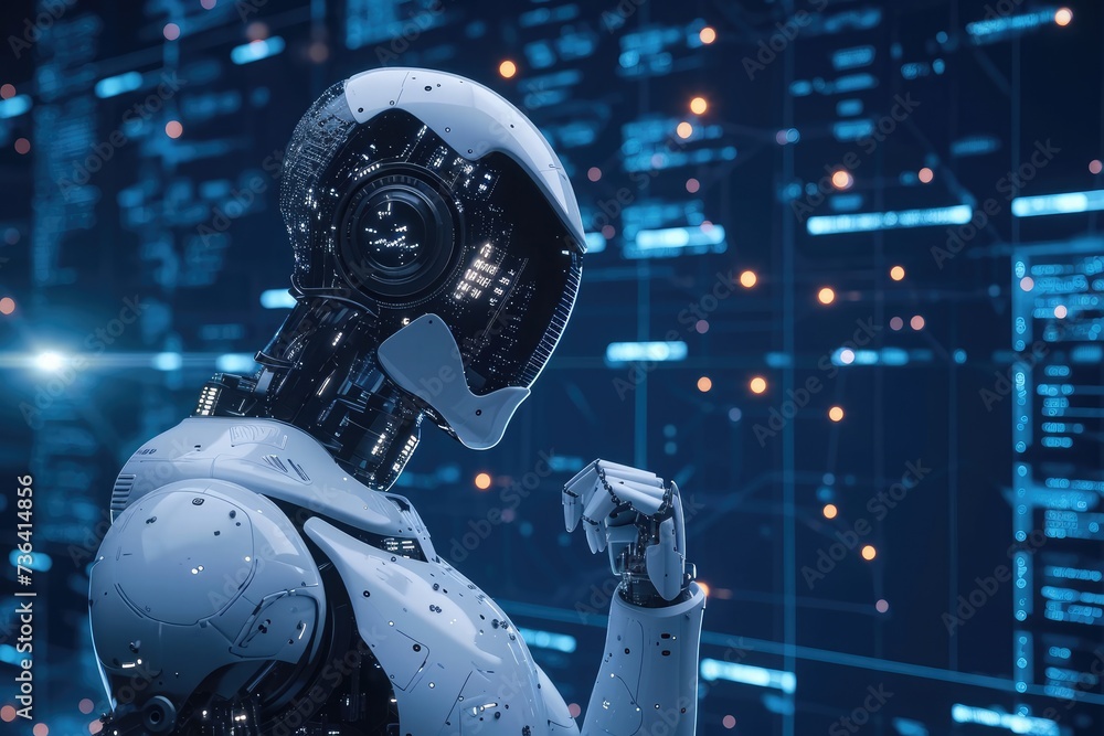 Poster a lone robot stands in the darkness, illuminated by a faint light source surrounding it, artificial 