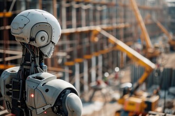 Fototapeta premium A robot stands in front of a bustling construction site, observing the activities and contributing to the ongoing work, Artificial intelligence supervising a construction site, AI Generated
