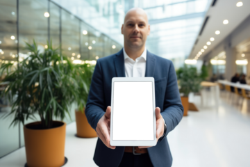 Businessman in a corporate environment showing a tablet with a transparent screen