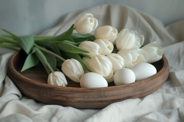 Fototapeta na wymiar a wooden platter with eggs and white tulips