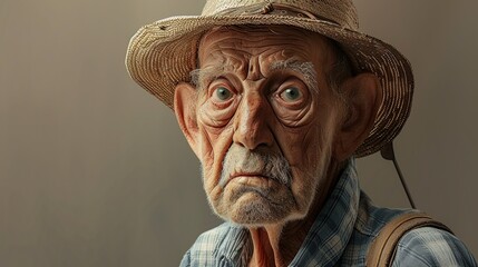 Caricature Illustration of a Grandfather Engaged in Farming Activities. Imagined by Generative AI - obrazy, fototapety, plakaty