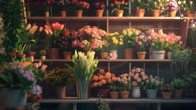 
Photo of a flower shop display with various bouquets of flowers and potted plants on a wooden shelf