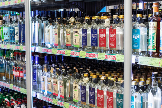 Belarus, Minsk - 20 november, 2023: Bottles of alcohol on the store shelf