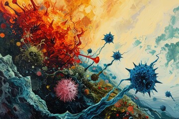 A painting depicting a vibrant underwater scene with a group of sea urchins surrounded by coral and kelp, Artistic interpretation of disease eradication, AI Generated - obrazy, fototapety, plakaty