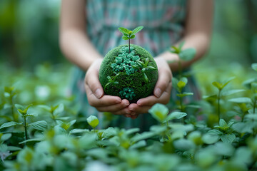 Hands holding earth globe and growing tree. Environment day, save the clean planet, ecology concept, earth day
