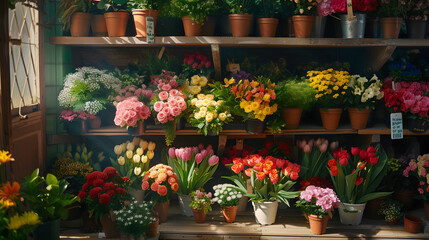 Fototapeta na wymiar Photo of a flower shop display with various bouquets of flowers and potted plants on a wooden shelf