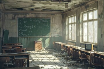 A photo of an unoccupied classroom showing an empty chalkboard with several desks neatly arranged in rows, Artistic rendering of a lonely, abandoned classroom, AI Generated