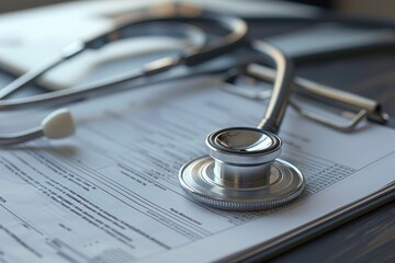 A stethoscope is placed on top of a medical document, ready for use by a doctor in diagnosing patients, Artistic representation of a medical report engulfed by a stethoscope, AI Generated