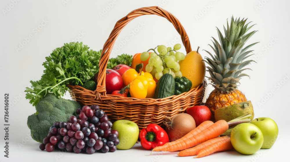 Sticker An assortment of colorful fresh vegetables and fruits spilling out of a wicker basket, representing a healthy diet and nutrition.